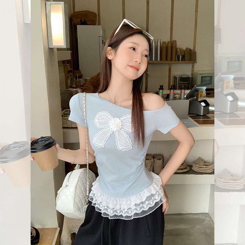 Slant Neck Lace Splicing Short-sleeved T-shirt Women's Summer New Slim-fit Bow Design Top