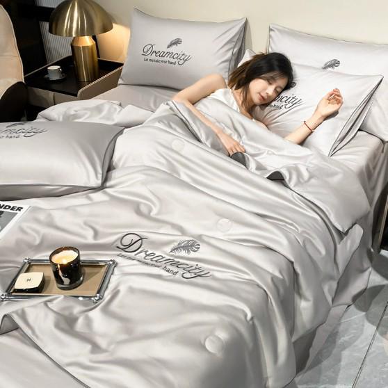 Gewaschenes Seiden-Tencel Sommer-Steppbett-Set - Besticktes Eis-Seiden-Vierteiler