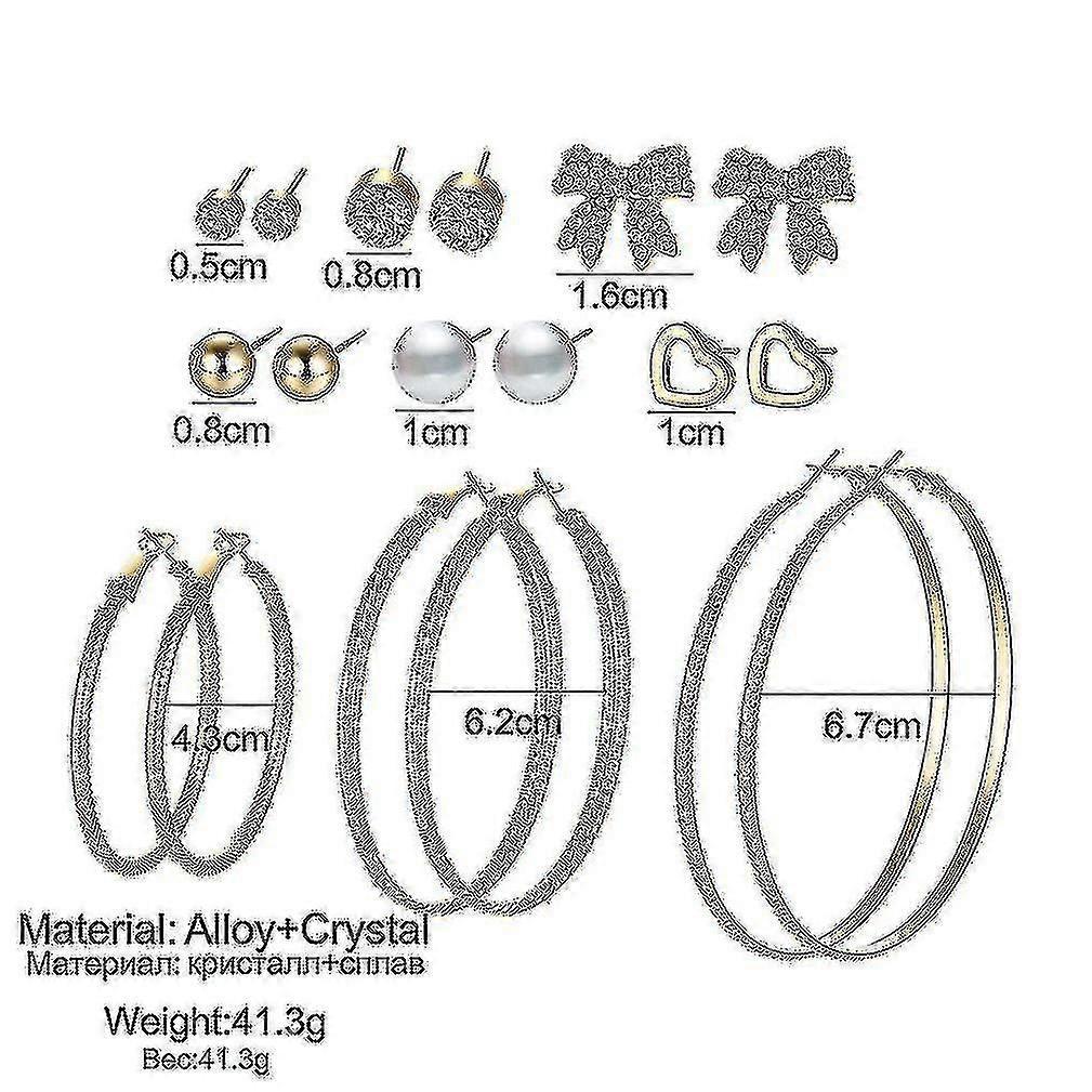 9 Pairs Ear Studs Set Bow Heart Big Circle Earrings For Festival