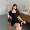 Summer Short Dress Solid Color Square Neck Waist Thin Bubble Sleeve Irregular Pleated Short Sleeve Dress
