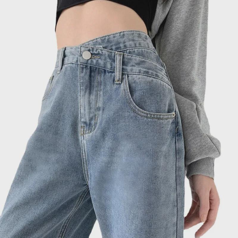 Women's High-Waist Wide-Leg Jeans with Oblique Buckle - Slim, Loose-Fit, Irregular Design