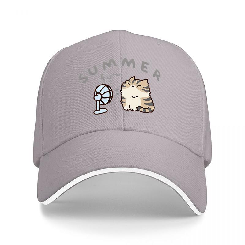 SUMMER FUN CAT WITH FAN DESIGN BLACK BASEBALL CAP FOR Unisex AND Women CASUAL STREETWEAR STYLE COOL SUMMER ACCESSORY