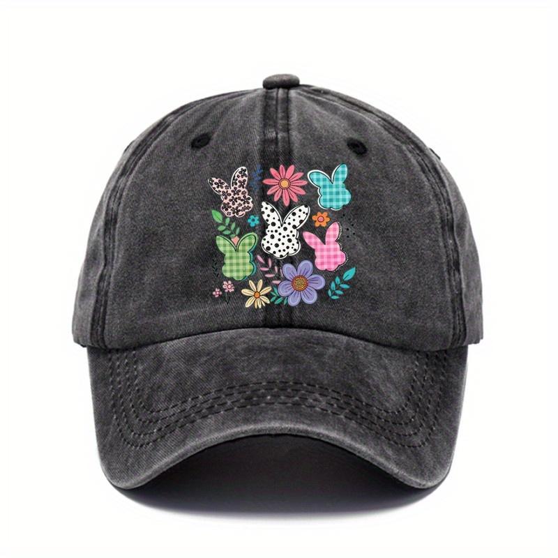 Cute Easter Bunny Floral Print Baseball Cap Spring Festival Adjustable Distressed Cotton Dad Hat Casual Unisex