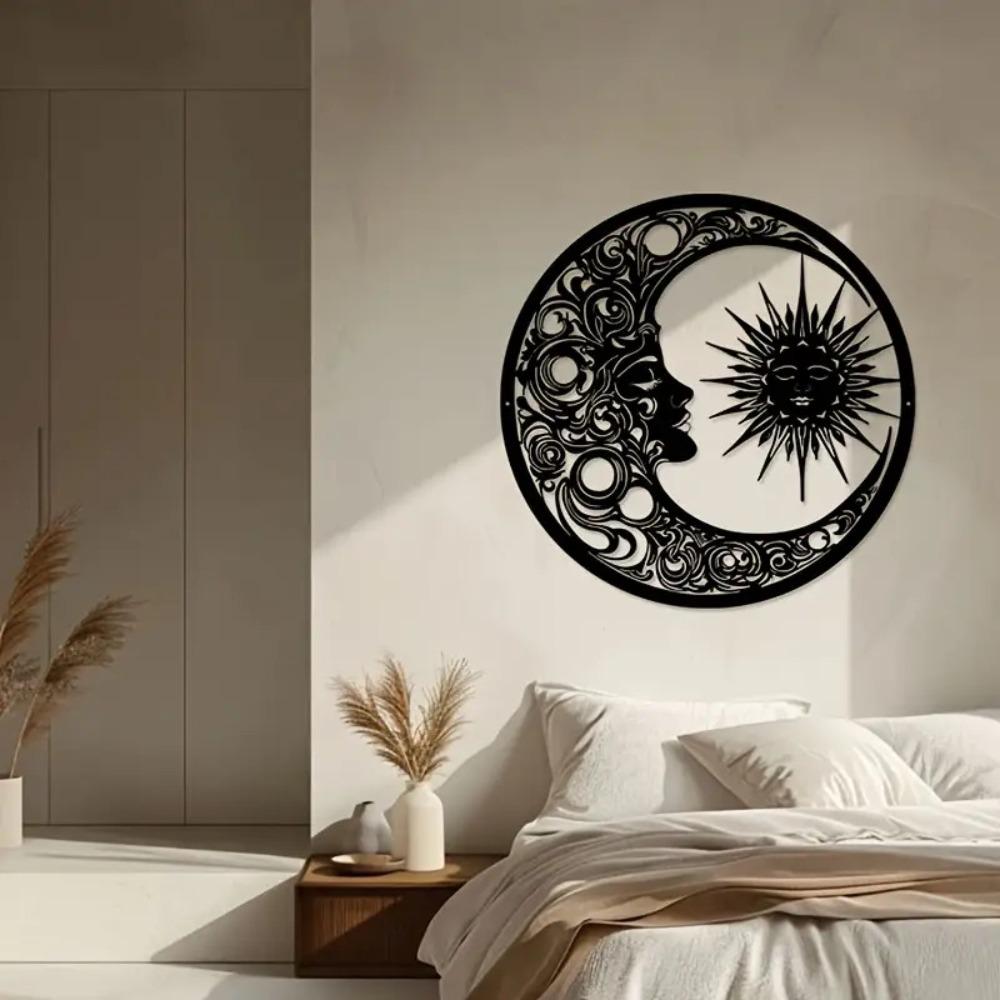 Wrought Iron Sun Moon Wall Art, Handmade Metal Decor for Living Room Bedroom Garden Gate Fence