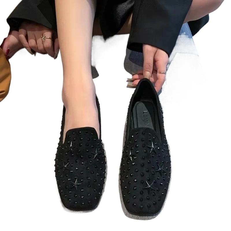 Rivet Low Heel Flat with Women's Loafers Star Square Heel Ladies Shoes on Sale 2025 High Quality Comfortable Versatile Flats
