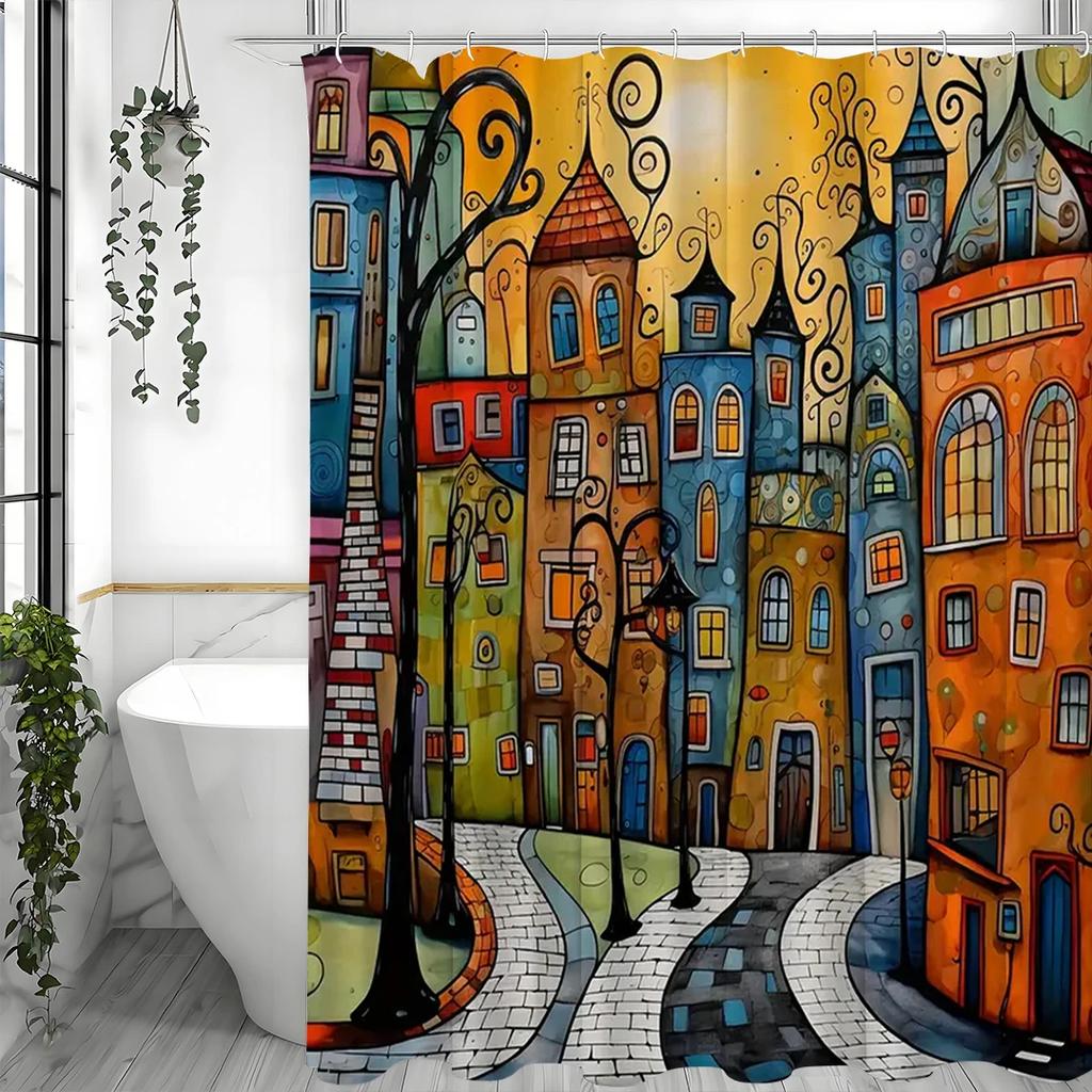 Painted Street Shower Curtain, Home Shower Curtain, Waterproof, With 12 Hooks