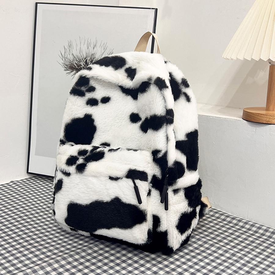 Lässiger Plüsch-Schulrucksack mit großer Kapazität, Leopardenmuster und Kuhmuster, Herbst-Winter-Felltasche, süßer Freizeit-Rucksack für Mädchen