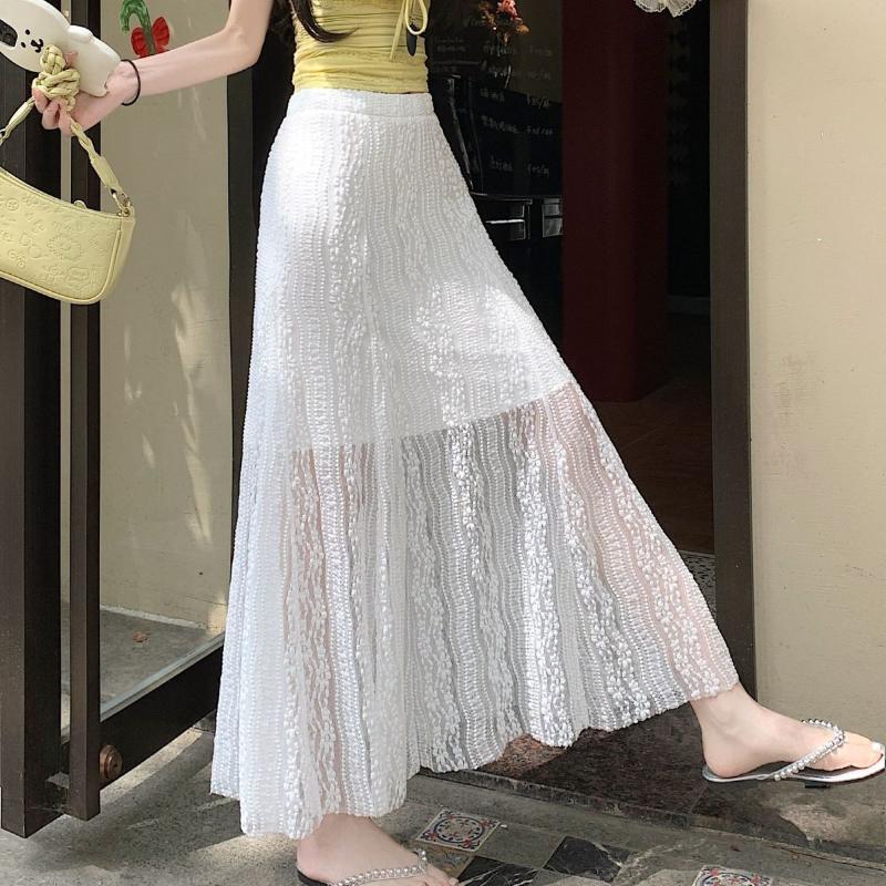 French Style White Lace Fish Tail Midi Skirt for Women - Summer High-Waist Drape A-Line Bodycon Long Skirt