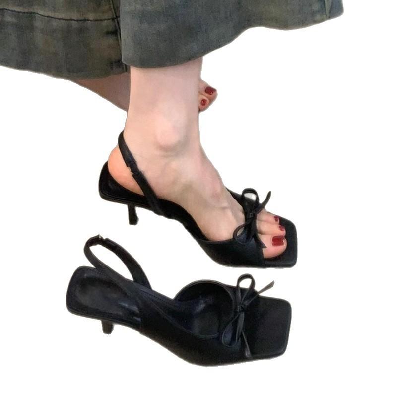 Floral high-heeled sandals for women's summer square head open-toed bow, thin heel with high heels for women