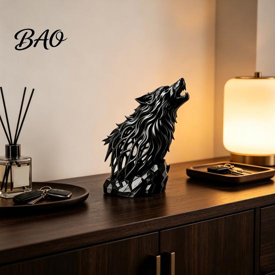 Geometric Wolf Figurine Howl Sculpture, Gothic Wildlife Home Decor, Howling Statue Modern Artistic Ornaments with Rock Base, Rustic Animal Accent