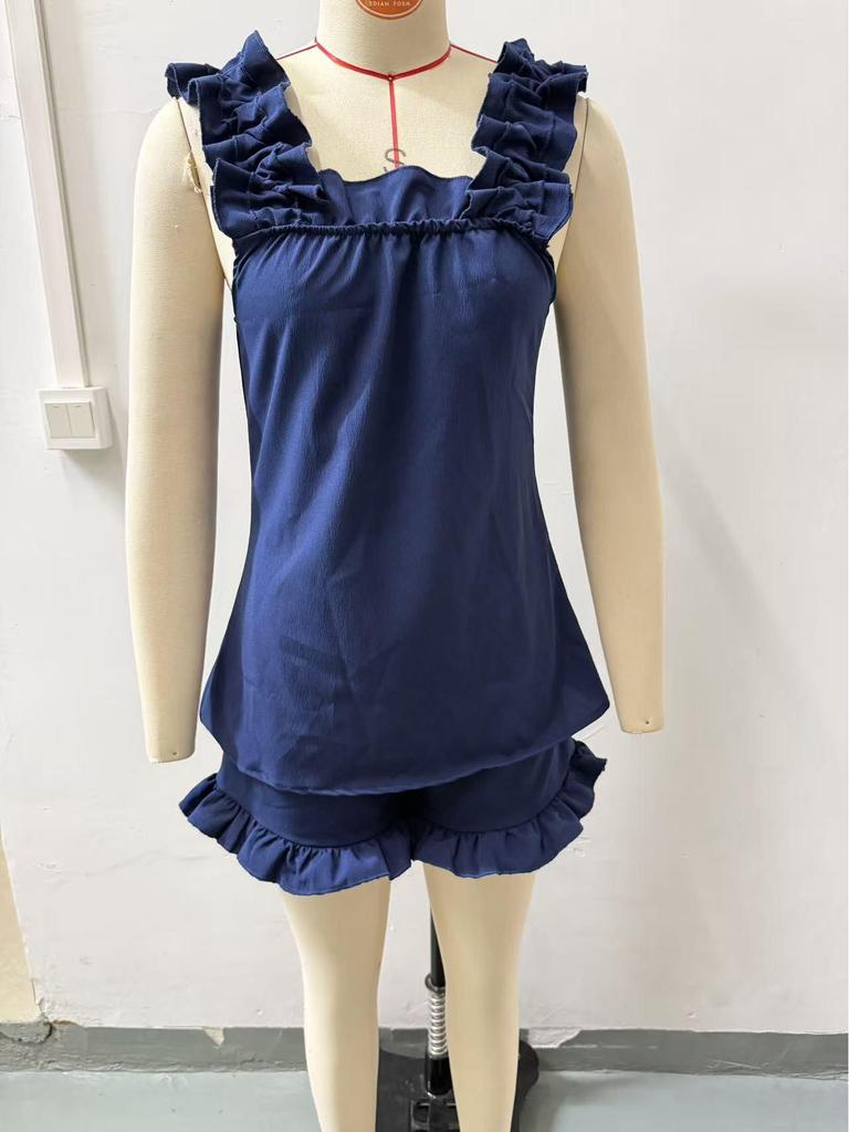 Women's Summer 2025 Ruffled Vest & Shorts Two-Piece Set - Fashionable European & American Style
