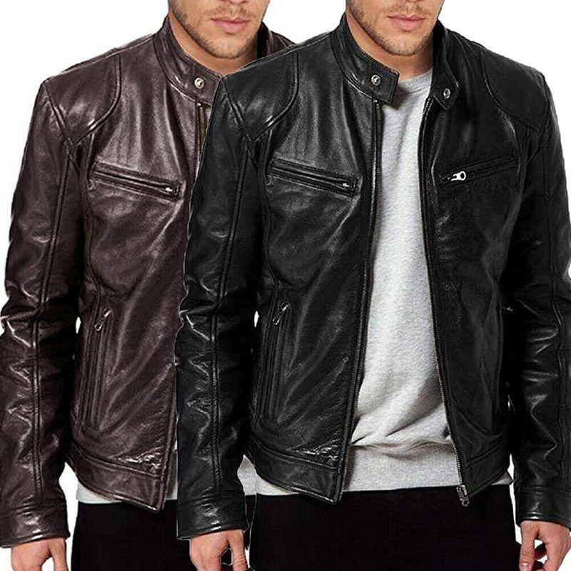 Classic Men's Faux Leather Jacket With Stand Collar For A Sleek Motorcycle Biker Look