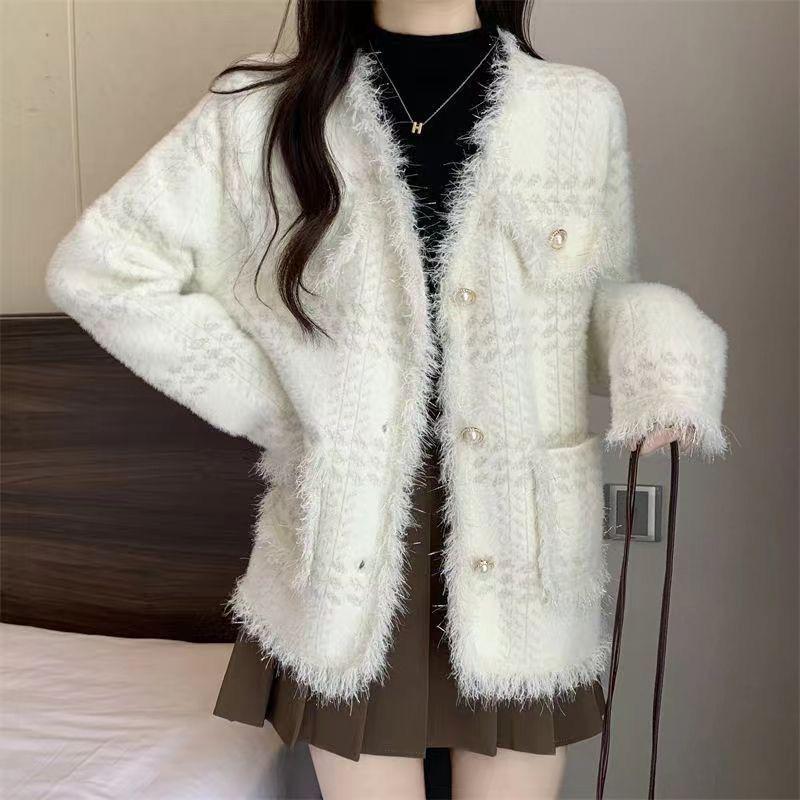 French Chic Faux Mink Fur Tassel Cardigan - 2026 Autumn/Winter Korean Style Elegant Loose Jacket for Women