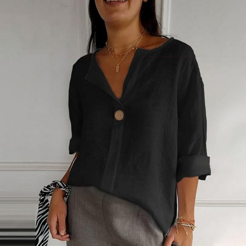 European Chic V-Neck Cotton Linen Mid-Sleeve Top for Plus Size Women - Spring/Summer