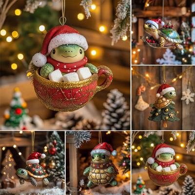 Christmas Tree Pendant Decoration Turtle Wearing Santa Hat Design Sparkling Ornament Holiday Party Decor
