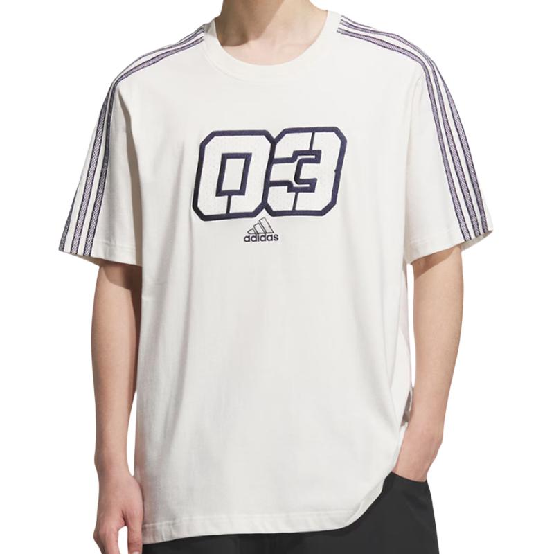 adidas Camiseta Casual Deportiva de Rayas SS25 Cuello Redondo Manga Corta para Hombre Tops Blanco Crudo JX2634