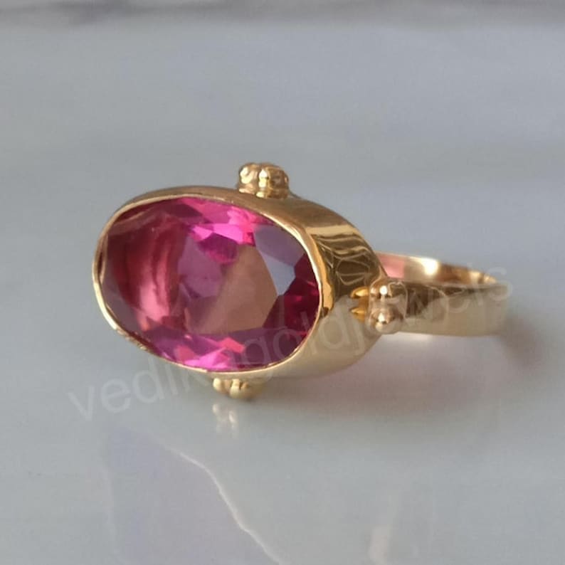 Horizontally Pink Tourmaline Quartz Silver Yellow Gold Ring Jewelry
