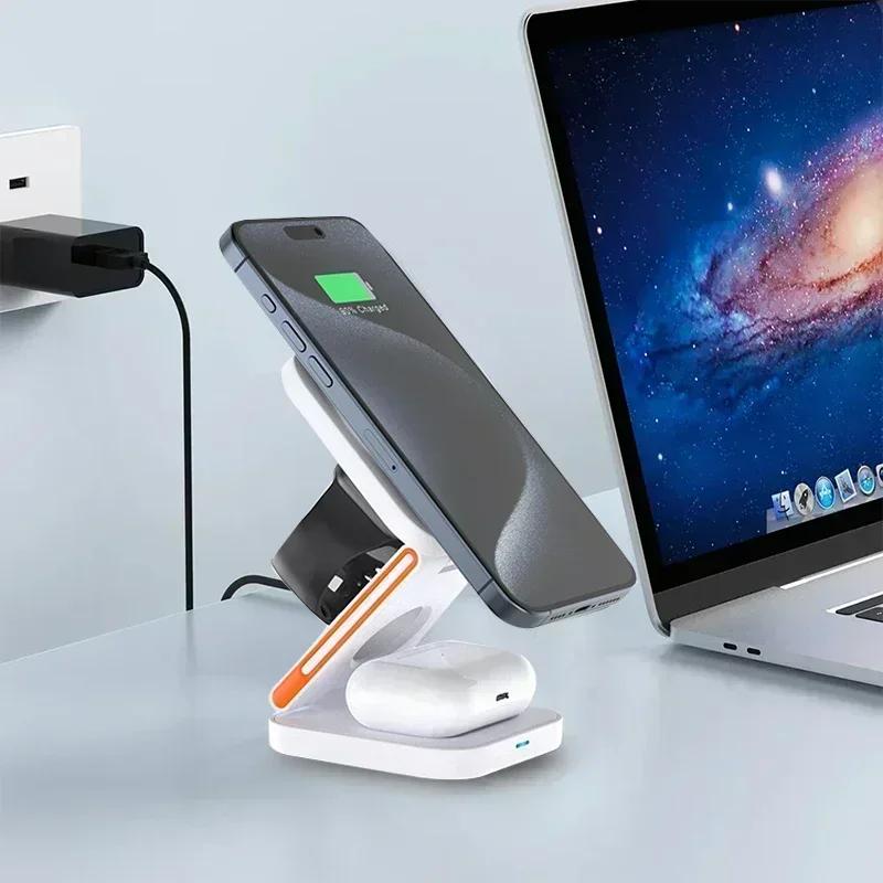 3 in 1 Foldable Charging Station Fast Magnetic Wireless Charger Stand for iPhone 16 15 14 13 12  Watch 9 8 7 6 Airpods Pro