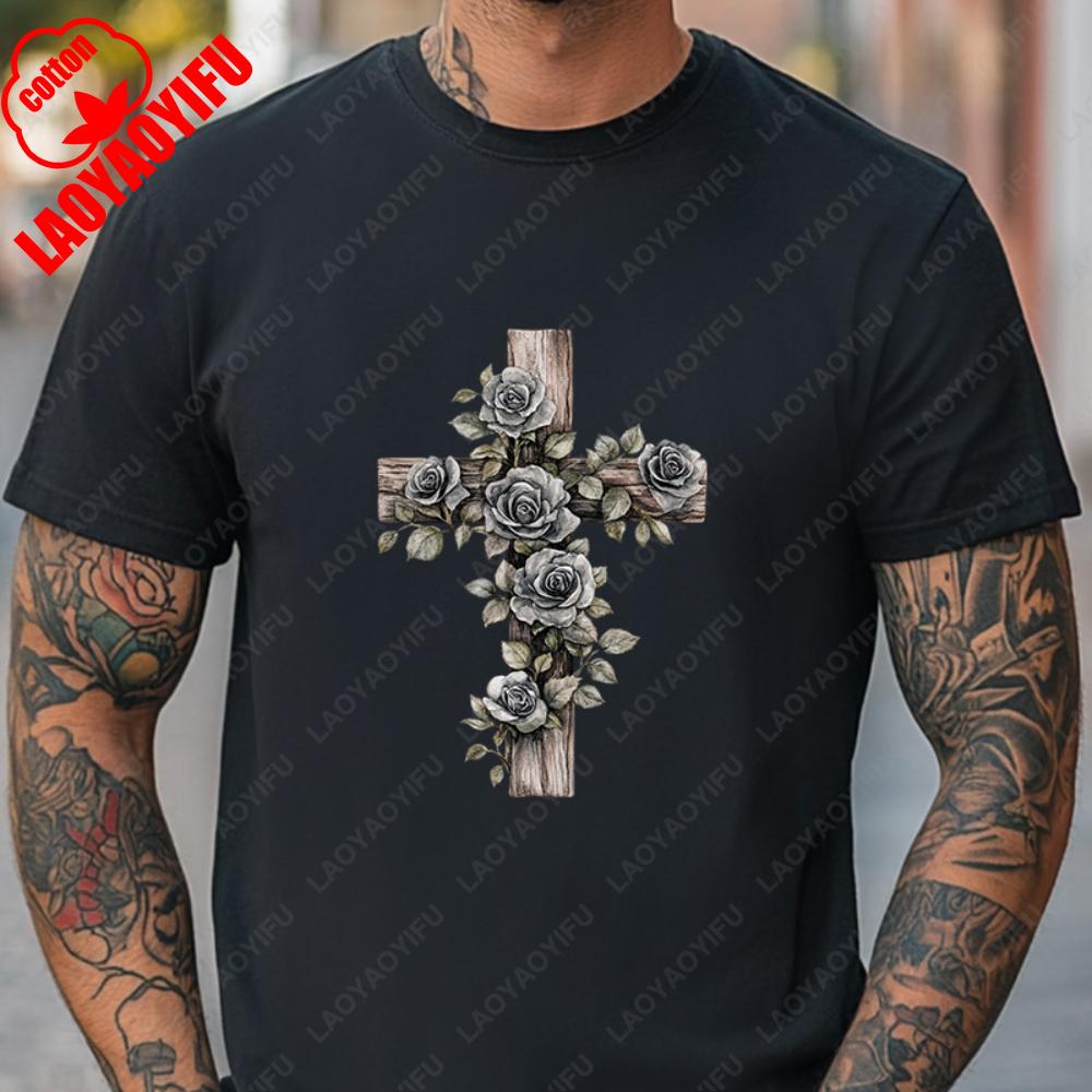 Vintage Cross  Roses Graphic Tee Cotton Unisex Christian Apparel FaithInspired Relaxed Fit Church TShirt for Unisex