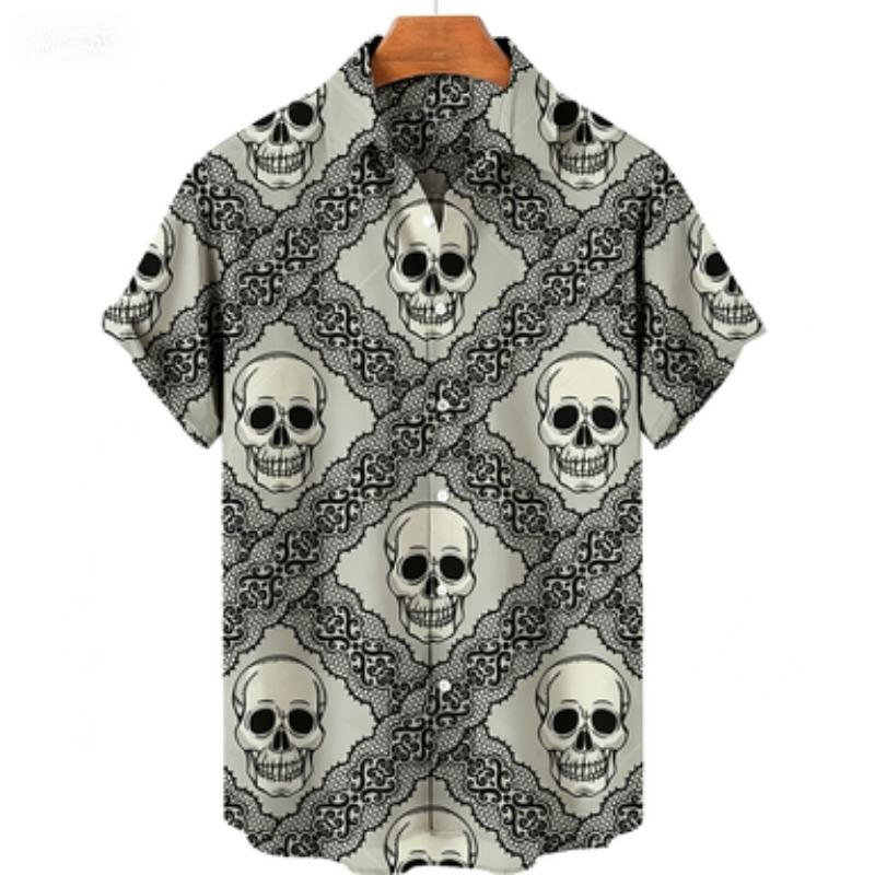 New Dark Checkered Skeleton Themed Short Sleeved Shirt for Men Thin and Breathable Shirt