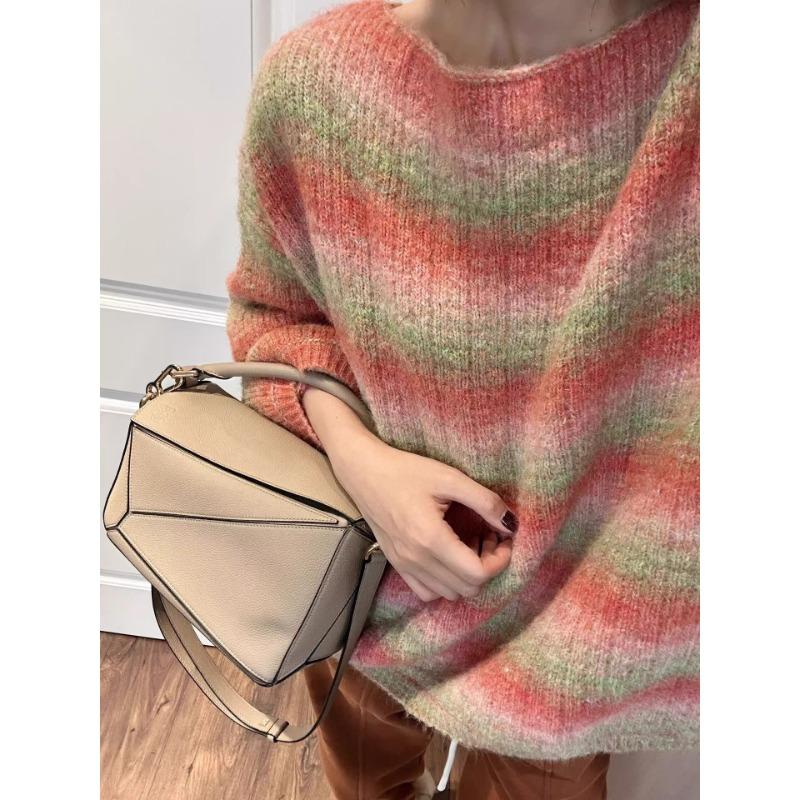 

Женский осенне-зимний свитер с круглым вырезом в градиентных тонах, вязаный джемпер One size розовый