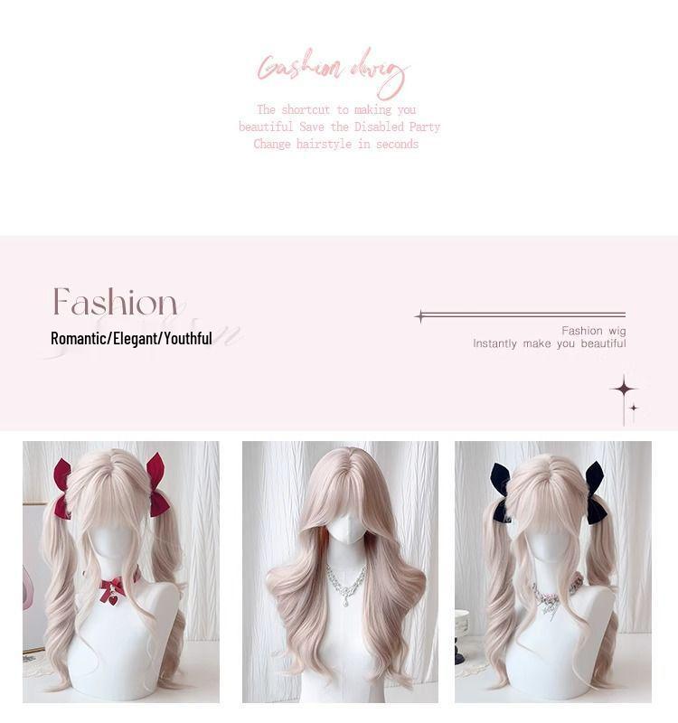 Women's Full Head Long Curly Wig - Mist Pink Lolita Cosplay, Energetic Double Ponytails, Soft & Cute for Fashionable Daily Wear