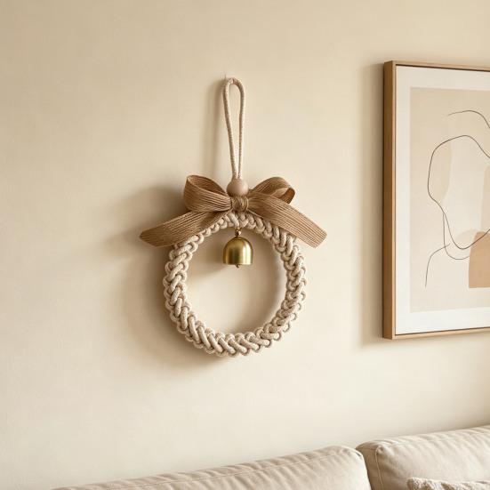Nordic Wall Hanging Pendant with Bell Handmade Woven Rope Ornament Rustic Boho Wall Art for Living Room Bedroom Entryway Home Decor