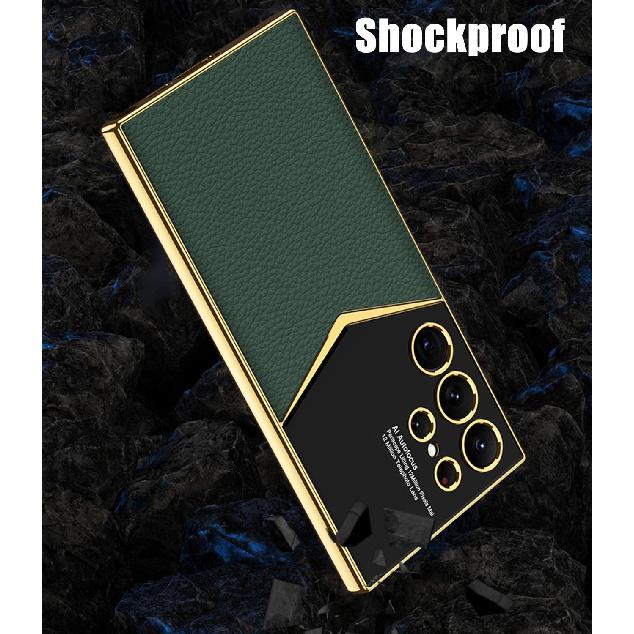 Leather Case for Samsung Galaxy S24 Ultra with Electroplated Frame, Vintage Luxury PU Non-Slip Grip Shockproof Full Body Protective Cover Phone Cases