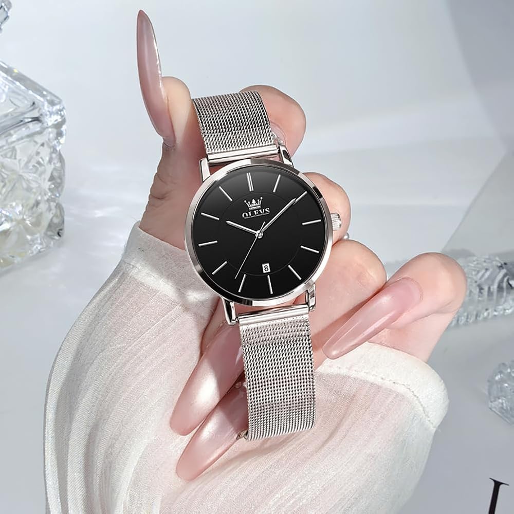 OLEVS Women's Minimalist Casual Watch Leather Band Waterproof Slim Analog Quartz with Date Calendar Silver Black Mesh Strap