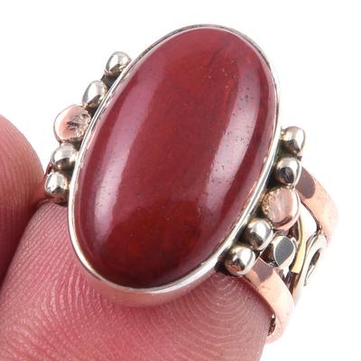 Natural Red Jasper Gemstone 925 Sterling Silver Jewelry Two Tone Ring S.6.5 P8S90