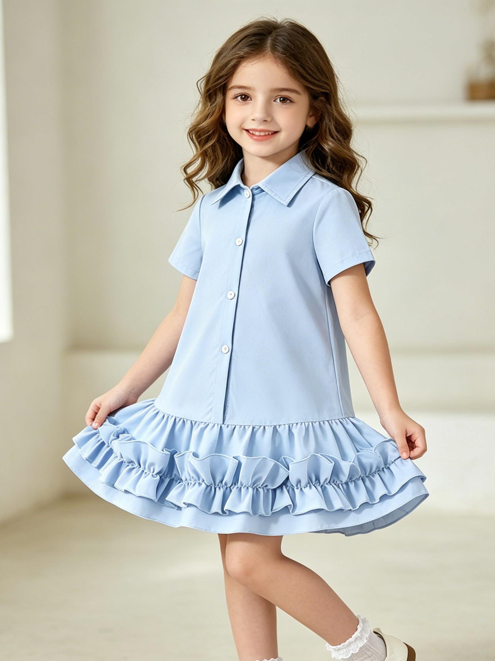 Girls Short Sleeve Shirt Dress, Ruffle Hem Casual Summer Dress for Kids 1-8Y 1-2Y синий