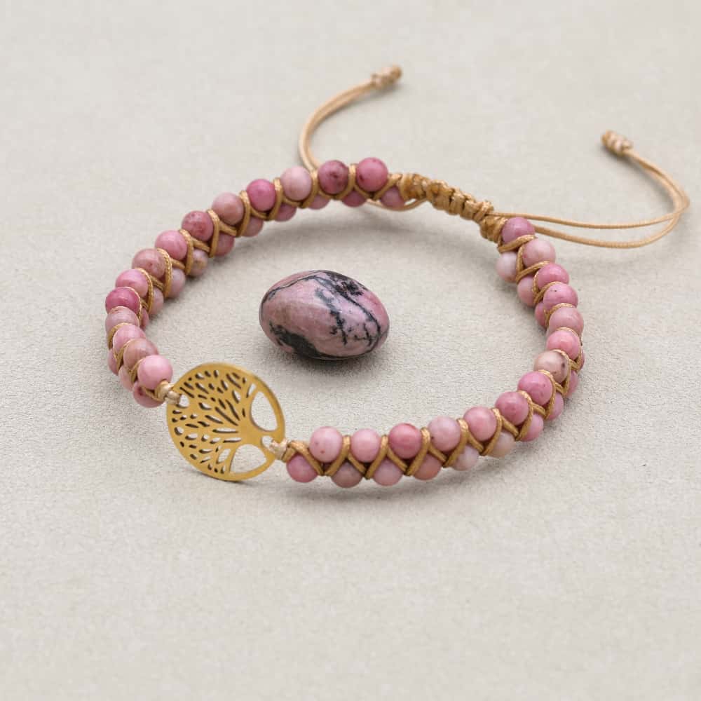 4mm Rhodonite Beads Double Layered Braided Women Men Handmade Jewelry Women Stainless Steel Tree of Life Charm Bracelet