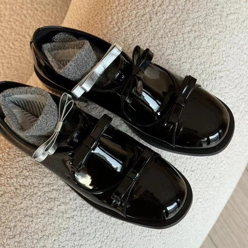 Spring bow small leather shoes women's thick-soled heightening leather black low-heeled single shoes