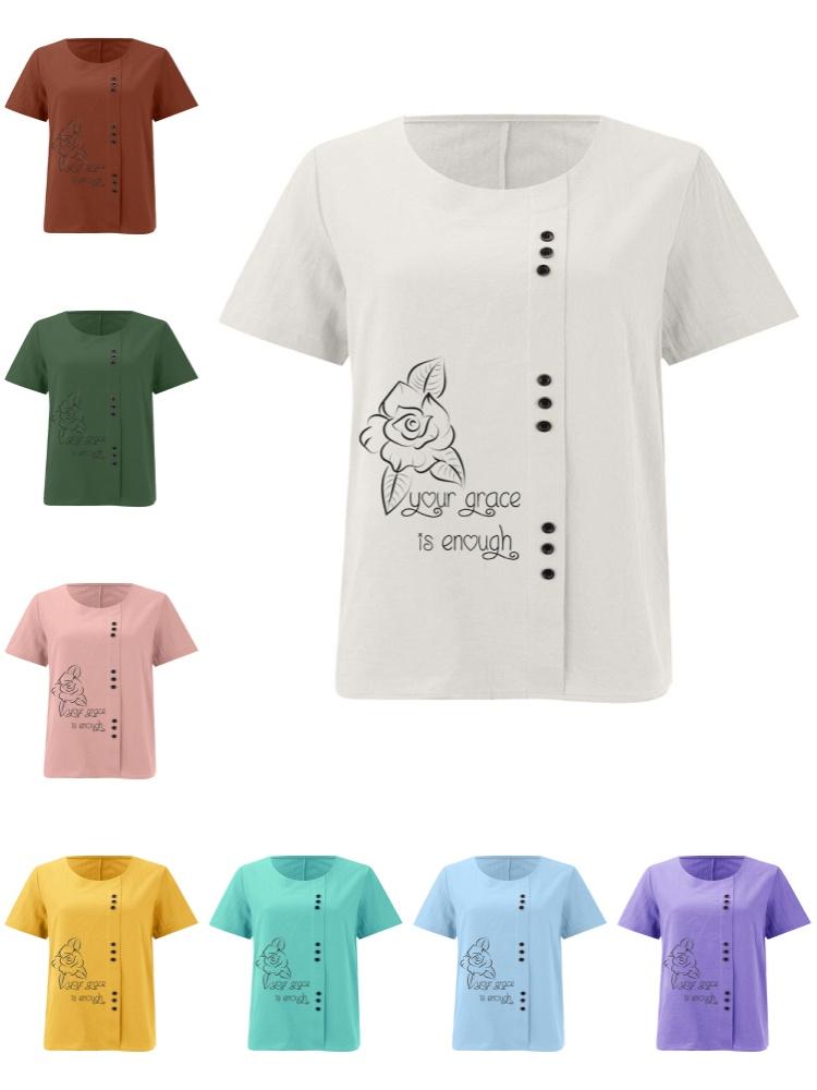 Women's Fashion Black Line Floral Letters Print Shot Sleeve T-shirt Loose Cotton Shirt Casual Loose Summer Blouse Tops Plus Size