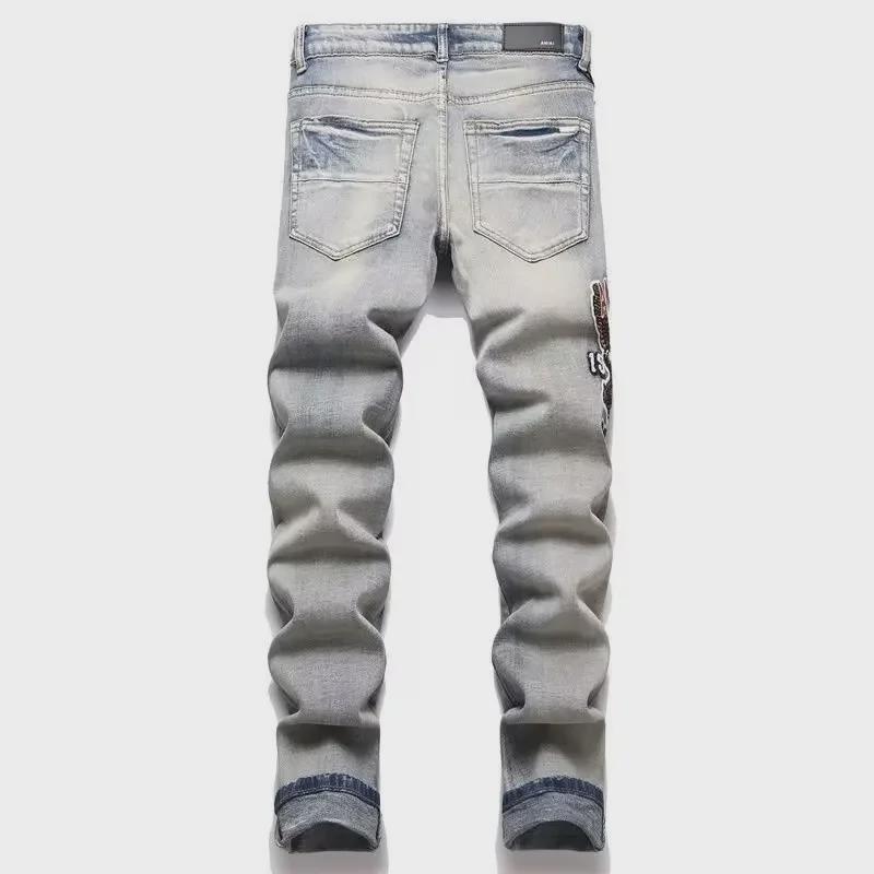 Men's Embroidered Ripped Jeans - American Style Slim Straight, High Street Fashion, Elastic Casual Long Pants