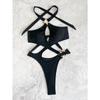 Bikini a anello nero sexy costume intero traforato incrociato a vita alta biquini costume da bagno con laccetto posteriore da donna monokini da spiaggia abbigliamento da spiaggia