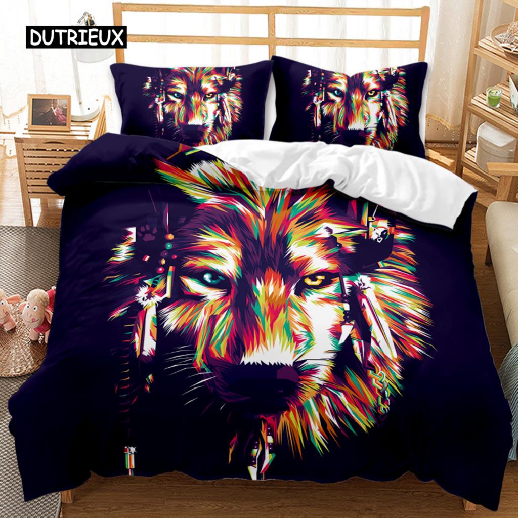 Wolf Bettbezug Set Tiermuster Bettwäsche Set Cooles Wildleben Bettdeckenbezug Kinder Glitzer Blau Wilder Wolf Polyester Quiltbezug
