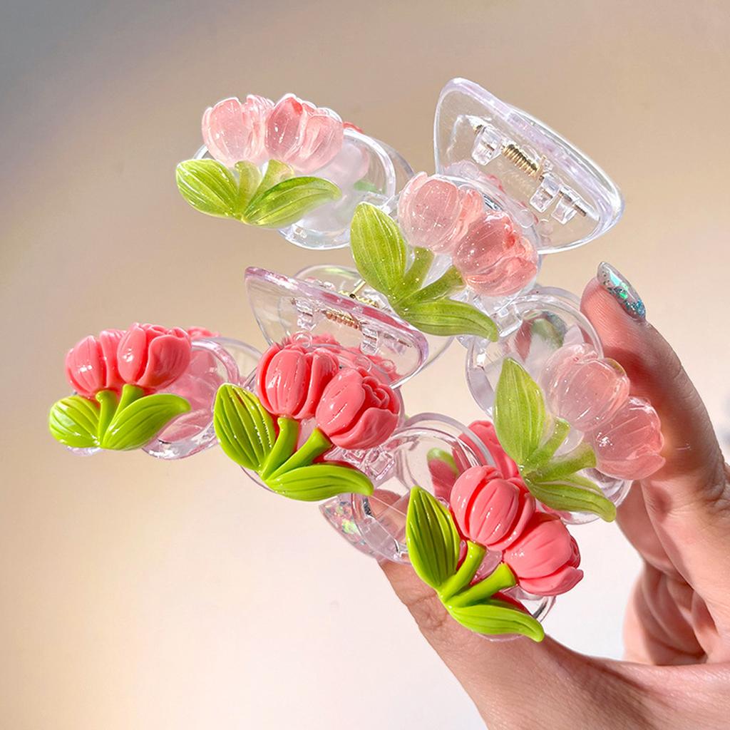 1pc Cute Tulip Flower Hair Grip Clip On the Back of the Head, Sweet Shark Clip Peach Blossom Pink Half Hair Clip