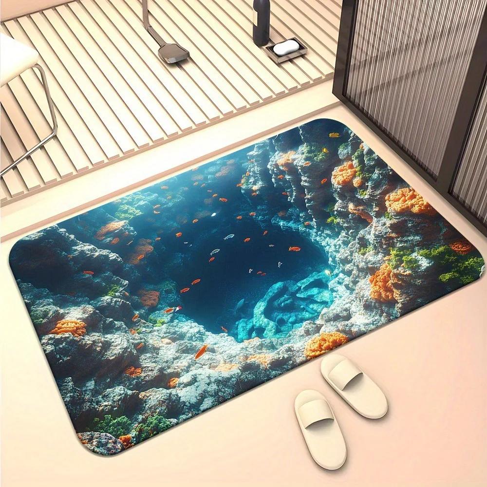 2D Koi Fish Pond Carpet Soft Non-Slip Home Decor Rug Realistic Rockery Water Pool Entrance Doormat for Corridor Hallway