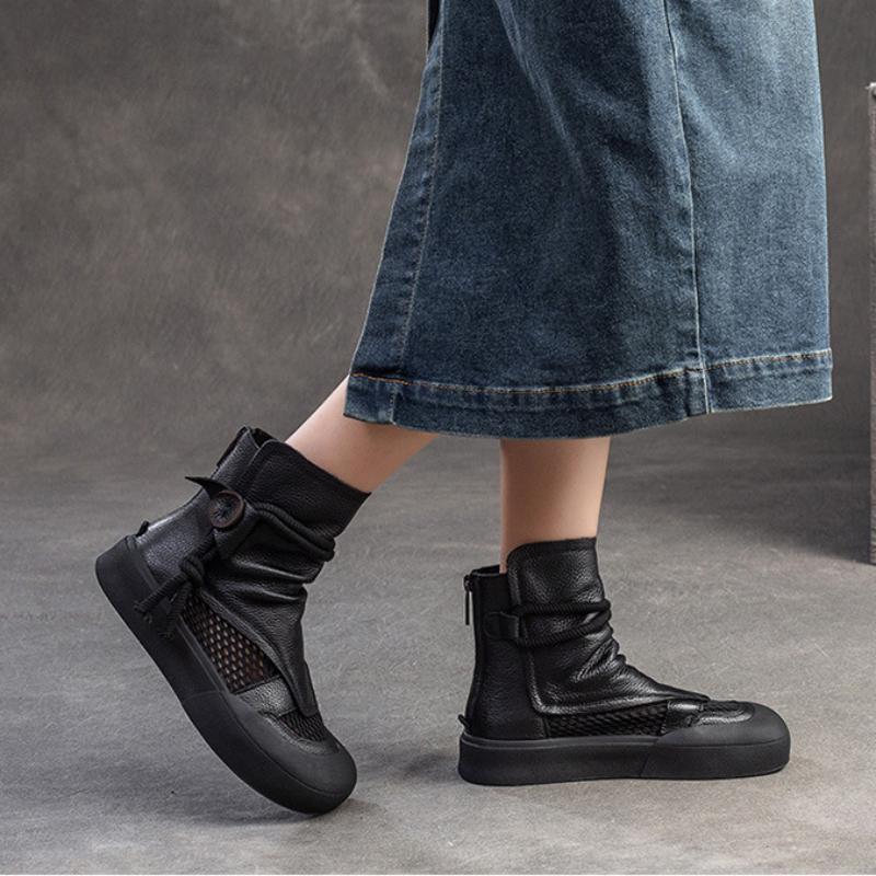 Johnature Hohle, atmungsaktive Retro-Sommerstiefel aus echtem Leder mit Reißverschluss hinten und römischen Sandalen mit dicker Sohle für Damen