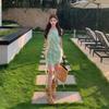 Pure desire green neck ruffle leaf edge dress women's summer new niche design feeling waist and thin fairy short skirt