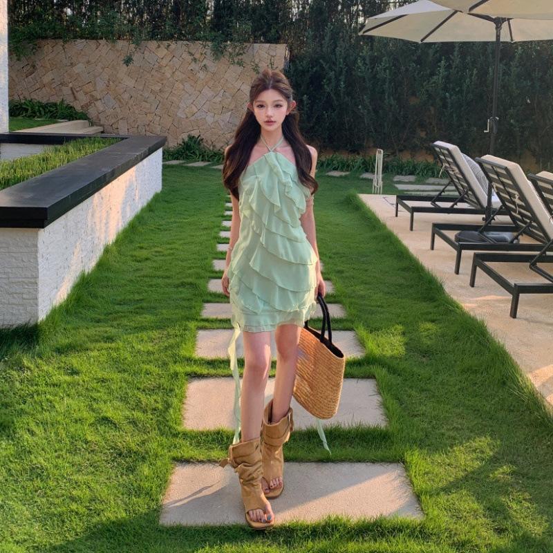 Pure desire green neck ruffle leaf edge dress women's summer new niche design feeling waist and thin fairy short skirt