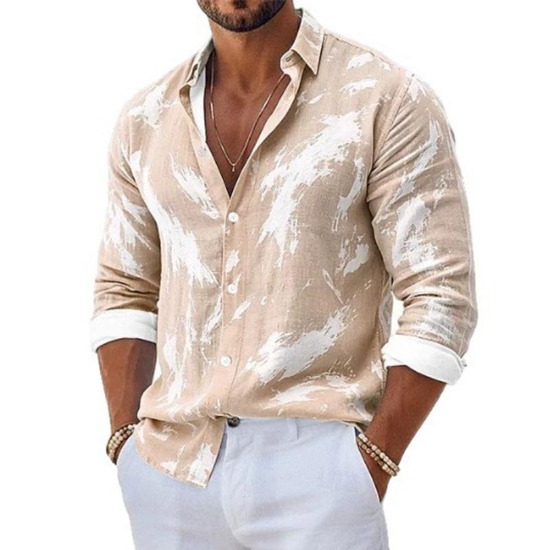 Men Loose Abstract Print Turn Down Collar Long Sleeve Casual Shirt