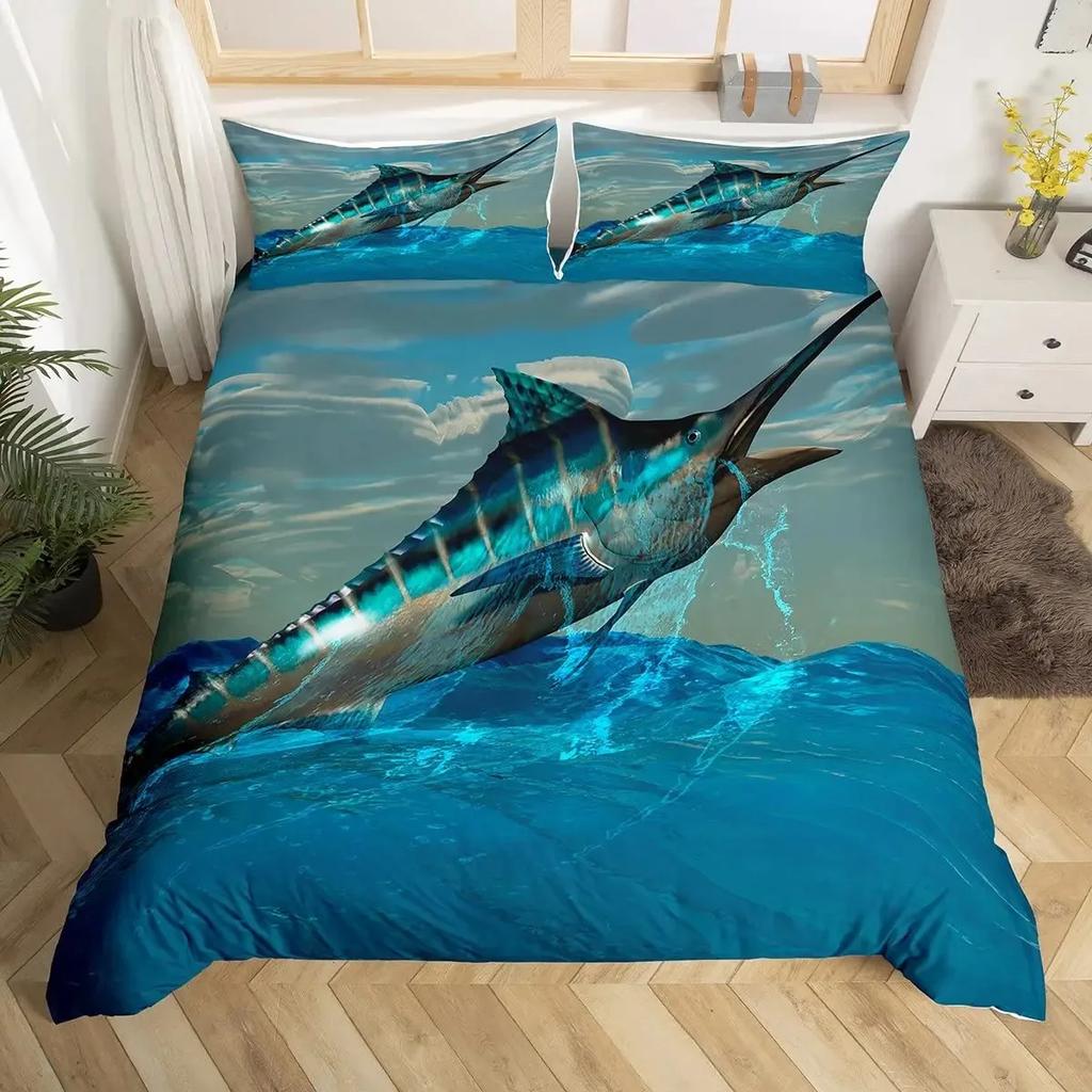 Marlin Svärdfisk Påslakanset Jakt Fiske Sängkläder Set Batik Havsfiske Båt Marint Liv Nautiskt Täckesöverdrag Queen