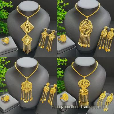 Dubai 24k Gold-Plated Jewelry Set: Tassel Pendant Earrings & Ring – Indian-African Bridal Style