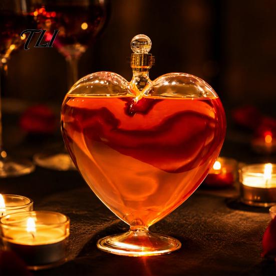 Glass Carafe for Fruit Wine Heart Shaped Bottle with Airtight Stopper, Elegant Crystal Texture Liquor Serving Container Decanter,