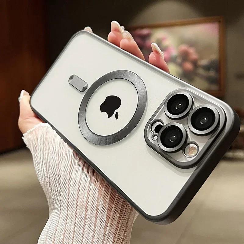 Shockproof Matte Plating Magnetic Clear Case For iPhone 15 14 13 12 11 Pro Max 15 Plus Silicone Wireless Charge Soft pink Cover