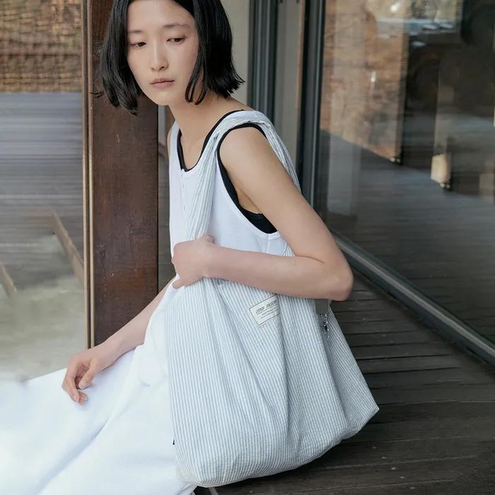 Stripe Cotton Shoulder Bag_BLUE