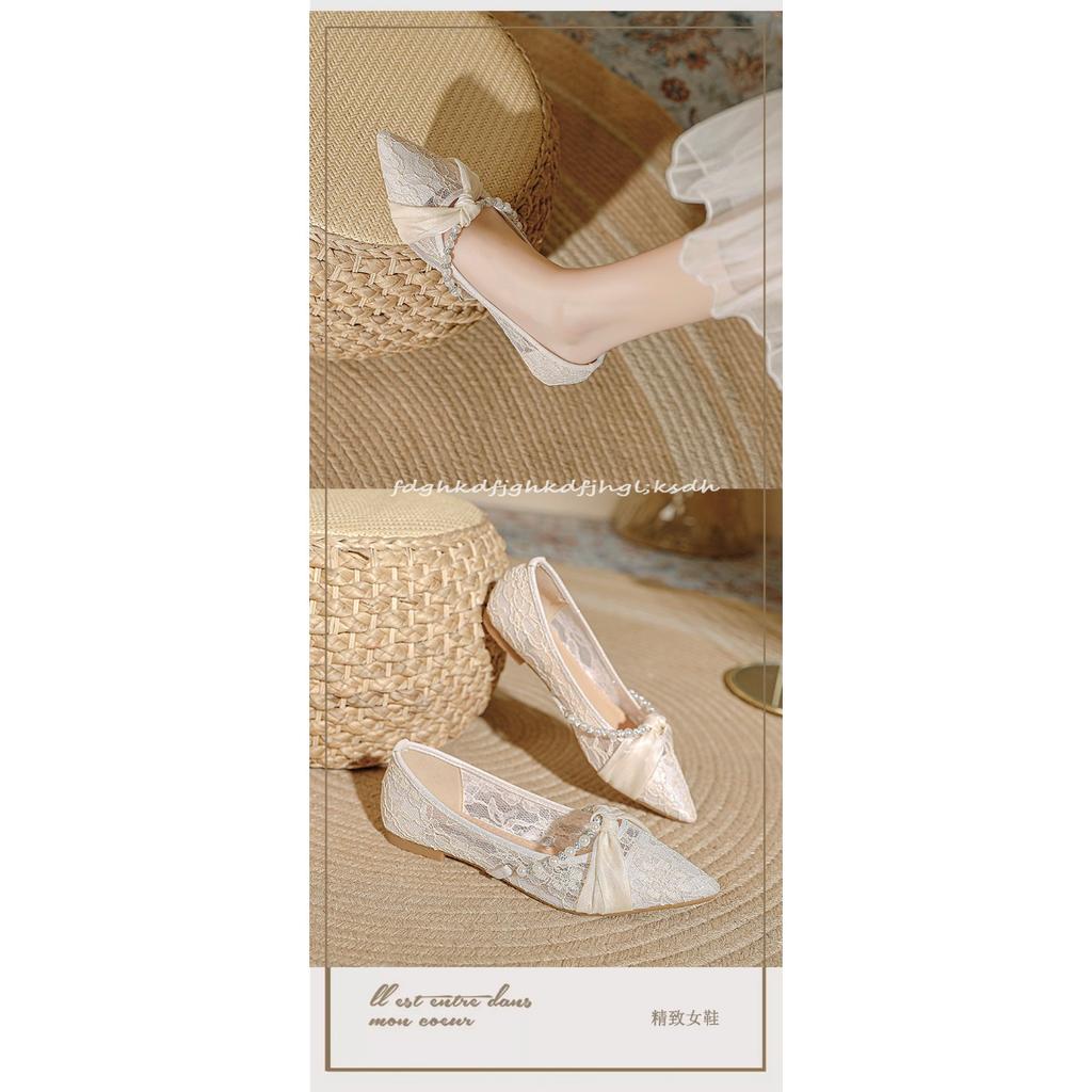 French Style Women's Flat Shoes, New Fairy Style Pearl Bridesmaid Single Shoes, Mesh Breathable and Gentle Sandals for Women