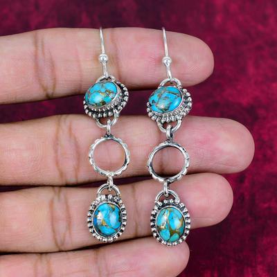Blauw Koper Turquoise Handgemaakte Edelsteen Oorbellen, 925 Massief Sterling Zilveren Oorbellen Antieke Sieraden, Voor Verlovingscadeau